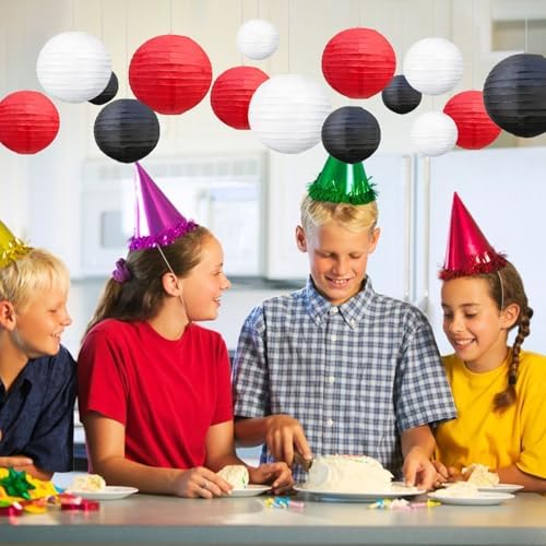 18Pcs Red Black White Paper Lanterns for Parties, 6” 8” 10” 12” Chinese Asian Hanging Round Paper Lanterns for Birthday Wedding Halloween Christmas Home Decor Party Decor