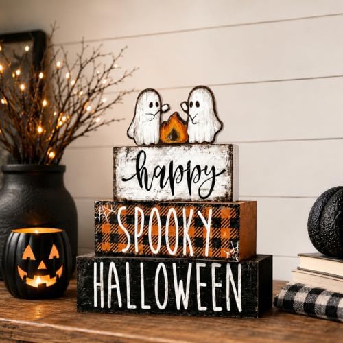 4Pcs Halloween Table Decoration Happy Halloween Wooden Ghost Sign