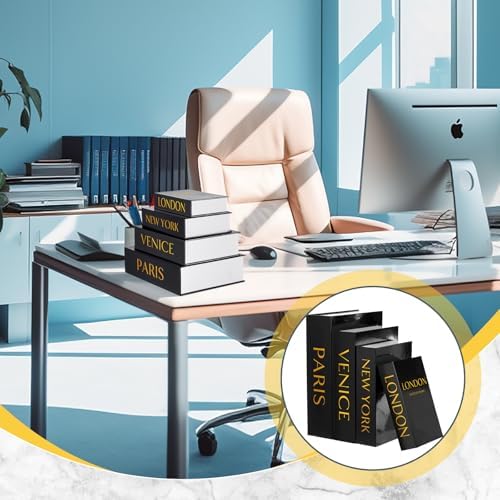 Sabary Set of 4 Decorative Books Boxes Faux Books Stacked for Modern Home Coffee Tables Bookshelves DIY Crafts Decor, Black and Gold
