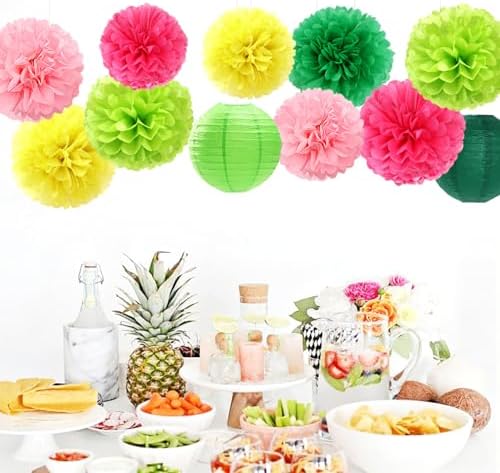 Hawaiian-Summer Pool Party-Decorations Paper-Flowers Lanterns - 15pcs Luau Tropical Beach Tissue Pom Poms Streamers,Birthday Bachelorette Wedding Baby Shower Graduation Hanging Supplies Decor Hugfond