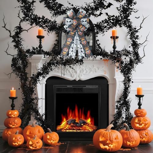 1 Pcs Large Halloween Wreaths Bow - Spooky Skeleton & Pumpkin Print Bow for Wreaths, Indoor Outdoor Decor, Halloween Party Supplies Gifts (Skeleton & Pumpkin Bow)