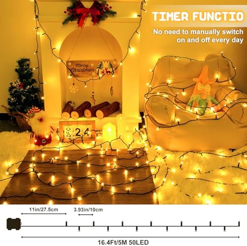 Christmas Lights Outdoor Battery Operated String Lights Total 100LED 33Ft with Timer 8 Modes 16.4Ft*2 Waterproof Outdoor Indoor for Christmas Decor, Warm White, 2-Pack