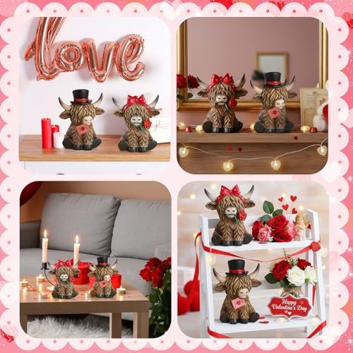 Simgoing 2 Pack Valentine's Day Highland Cow Figurines Resin Highland Cow with Love Letter and Rose Calf Lovers Gifts Valentines Tabletop Decorations for Home Centerpieces Exchange Gifts