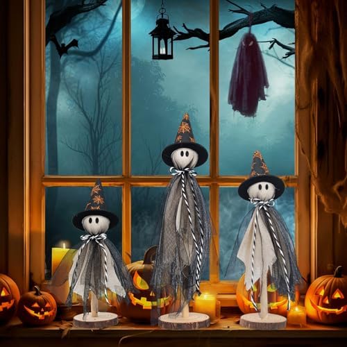 Halloween Decorations Ghost Shelf Sitters – Set of 3 Wooden Halloween decor with Witch Hats – Fabric Ghost Figures with Spiderweb Design – Table Decor for Tiered Tray, Mantel, Party Supplies(Black)