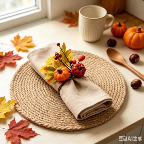 24 PCS Fall Napkin Rings Thanksgiving Napkin Rings Fall Napkin Holder Buckles with Maple Leaves Berries Autumn Harvest Table Decor for Dinner Party Banquet Wedding