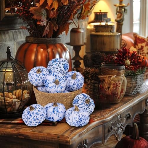 GnFlus Fake Pumpkin Decor 8 Pcs Faux Pumpkins Small Blue and White Velvet Pumpkins Mini Artificial Pumpkin Fall Decorations for Home Table Farmhouse Mantel Halloween Thanksgiving