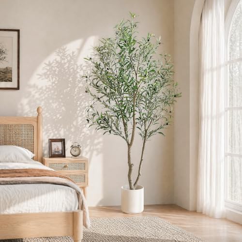 Faux Olive Trees Indoor, 7FT Tall Fake Olive Tree with Black Planter
