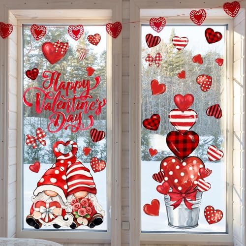 Whaline 6 Sheets Valentine' s Day Window Clings Romantic Red Stripe Heart Potted Gnome Windows Decor Reusable Anti-Collision Glass Stickers for Wedding Anniversary Home Party Supplies