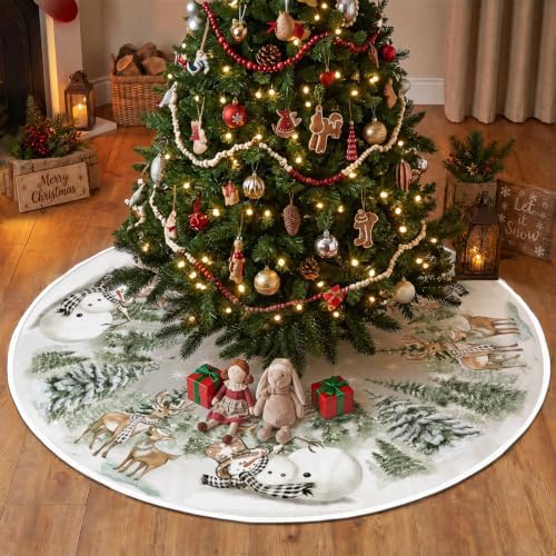 AVOIN colorlife Snowman Reindeer Snowflake Christmas Tree Skirt 48 Inch, Winter Holiday Tree Mat Decoration