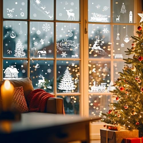 NEWMIAO Christmas Window Cling Stickers, 9 Sheets White Window Clings Reindeer Snowflake Santa Claus Christmas Tree Snowman Xmas Decals for Holiday Decorations Home Decor Party Supplies