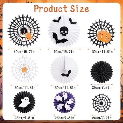 SUNBEAUTY Halloween Decorations Hanging Spider Web Paper Fan Spiderweb Pumpkin Ghost Bat Wall Stickers Black White Orange Halloween Party Decor Indoor Outdoor Scary Home Haunted Party Supplies