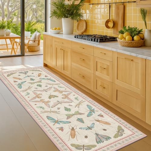 Hazo Haus Boho Bathroom Runners - 2x6 Pink Rug for Kitchen, Entry Way, Hallway, Non Slip Washable Butterfly Insect