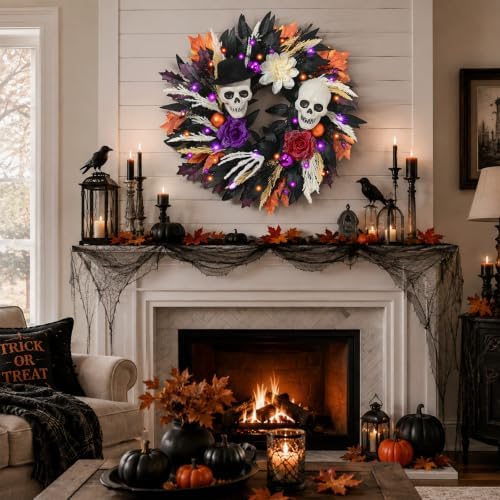 Waipfaru 24 Inch Halloween Wreath for Front Door, Halloween Door Wreath