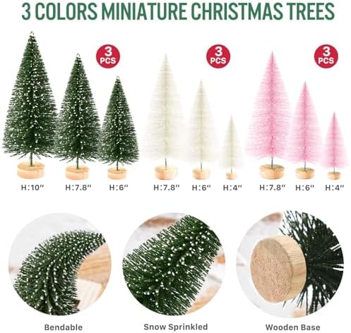 9Pcs Mini Christmas Trees Christmas Decor Artificial Christmas Decorations with 4 Sizes, Christmas Tree Bottle Brush Trees Christmas Table Decorations (Green Beige Pink)