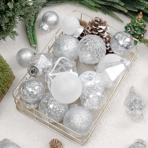 34PCS Silver/White Christmas Ball Ornaments Set for Tree Decor
