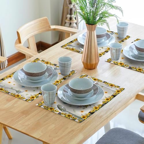 Sunflower Placemats Set of 4 18x12 Inch Summer Fruit Black and White Buffalo Plaid Linen Place Mats Heat-Resistant Washable Wipeable Yellow Floral Table Mat for Kitchen Dining Room Dinner Table Decor