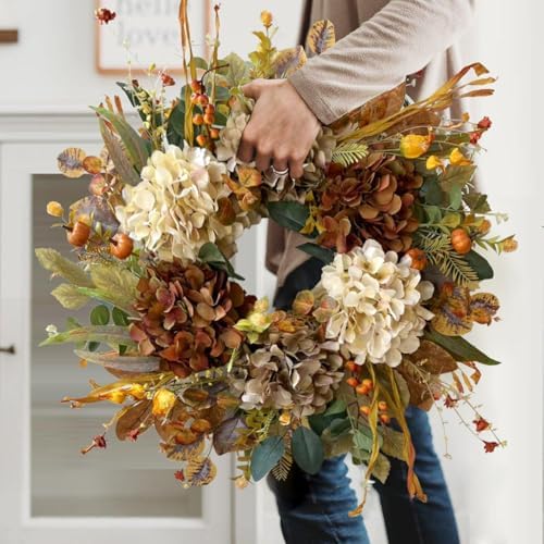 WANNA-CUL 24 Inch Fall Wreaths for Front Door with Hydrangea,Mini Pumpkins
