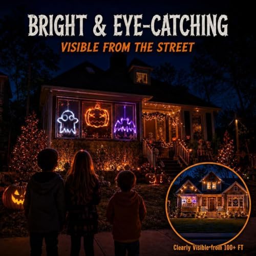 LOLStar USB Rechargeable Pumpkin Ghost Bat Halloween Window Lights, 3 Pack