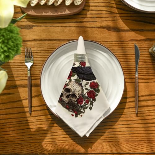 Horaldaily Halloween Cloth Napkins, Crow Skeleton Roses Napkins Set of 12