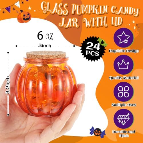 Vesici 24 Pcs Glass Pumpkin Candy Jars with Lid, Halloween Autumn, Orange