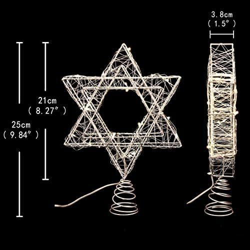 Star of David Christmas Tree Topper, Silver Hanukkah Treetop Battery Powered with Timer, Woven Iron Ribbon Warm White Light String, 7'' Star Tree Topper for Chanukah, Xmas Tree, Wedding