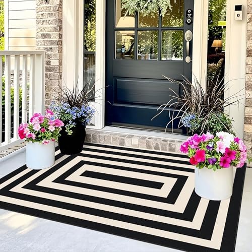 3x5 Modern Entry Rug - Small Washable Indoor Outdoor Mats for Front Door Non-Slip Porch Rug Black White Geometric