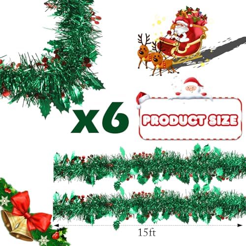Shappy 90 ft 6 Rolls Christmas Tinsel Garland for Tree, Red and Green