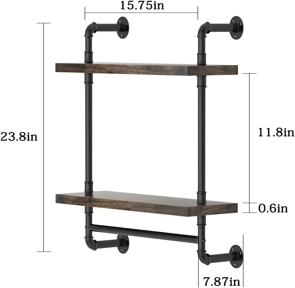 Helsin 2 Tier Industrial Pipe Floating Bathroom Shelves Wall Mounted with Towel Bar, Rustic Wood Wall Shelf, 16 Inch