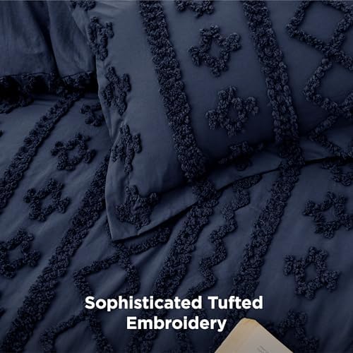 Bedsure Tufted Boho Comforter Set Twin Size - Navy Boho Bed Set, GentleSoft™ 2 Pieces Farmhouse-Style Embroidery