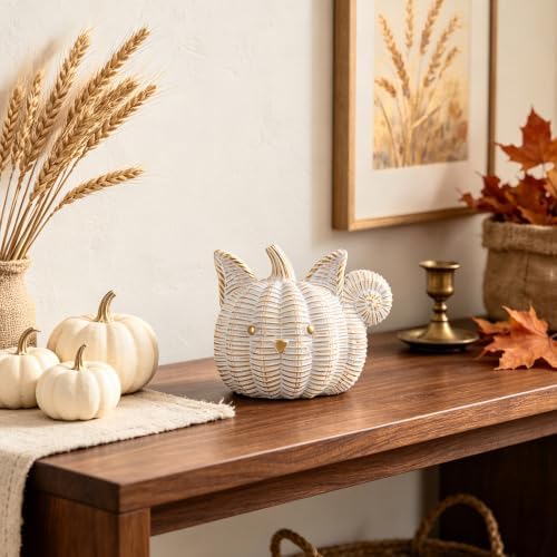 Fall Decor Animal Pumpkin Decorations – Squirrel Fake Pumpkin Resin Woven Design Animal Figurines for Table Shelf Mantel, Thanksgiving Halloween Decorations Gifts for Autumn Decor(Gold&White)
