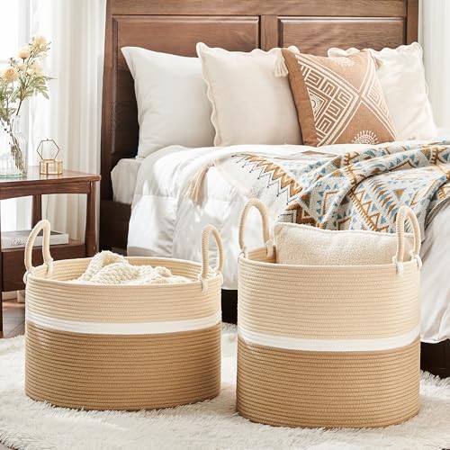 KAKAMAY Large Blanket Basket with Handles, Storage Basket for Living Room
