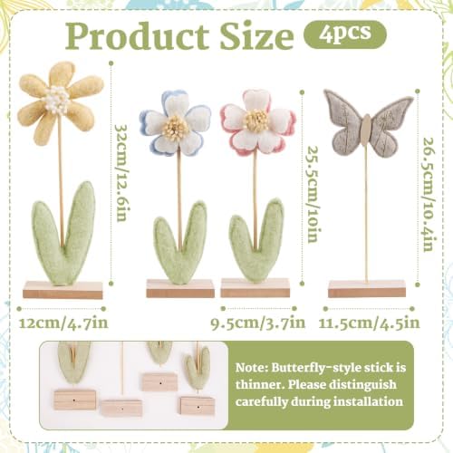 SUNBEAUTY Flower Centerpieces for Tables Felt Flower Butterfly Tabletop Decor with Wooden Base Boho Nursery Baby Girl Shelf Decor