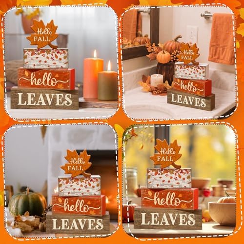Moucuny 5 Pcs Fall Table Decoration Wooden Block Signs Tiered Tray