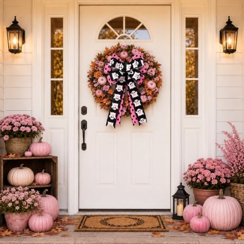 JarThenaAMCS Halloween Wreath Bow Ghost Boo Polka Dots Wired Edge Bow Pink Black Fabric Craft Bowknot for Front Door Tree Topper Indoor Outdoor Decor, 11 x 20.3 Inch