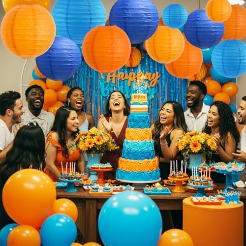 BEISHIDA Blue Orange Paper Lantern 12Pcs 4/6/8/10/12Inch Round Chinese Lamp