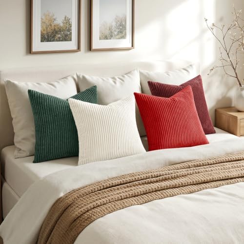 MIULEE Corduroy Decorative Throw Pillow Covers Christmas Red White 18x18