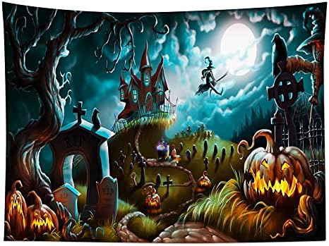 HVEST Halloween Pumpkin Graveyard Tapestry Terror Pumpkin Jack-O-Lantern Wall Decor Witch on Broom Run to Moon Tapestry Night Sky Castle Wall Art for Bedroom Home Dorm Halloween Decor 59Wx51H inches