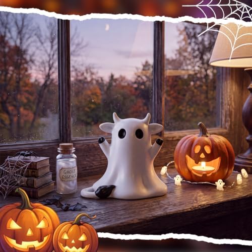 RattanView Halloween Ghost Highland Cow Figurine Mini Resin Decoration Gift