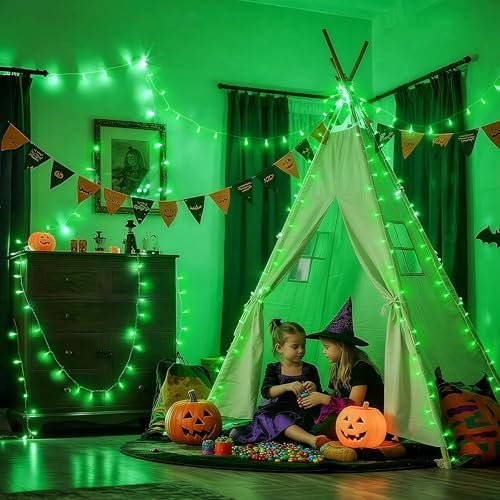JMEXSUSS Connectable 100 LED Green Halloween Lights 8 Modes Grinch Lights