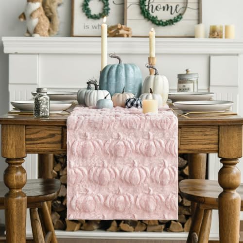 Artoid Mode Pink Soft Faux Fur Pumpkins Fall Table Runner 13x72 Inch