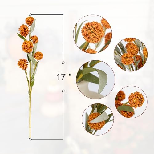 Yawwind 6 PCs Rustic Fall Flowers 17 Inches Boho Fall Floral Picks Faux Autumn Branches with Craspedia Orange Billy Balls Flowers for Vase Table Centerpieces Living Room Indoors Decor（Orange）