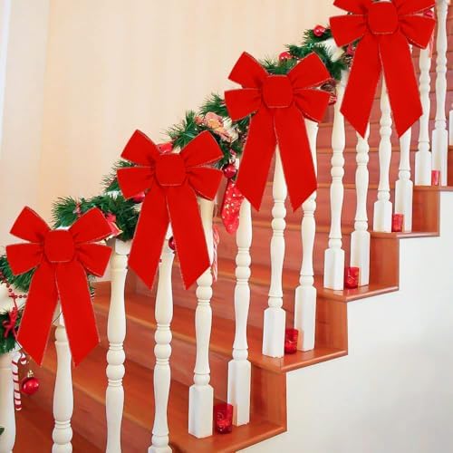 Yuubin 10 Pcs Red Bows Christmas Tree Decorations,9”x13” Large Velvet Wreath Bow with Glitter Gold Edge for Xmas Home Fence Stairs Railing Fireplace Indoor Outdoor Front Door Decor