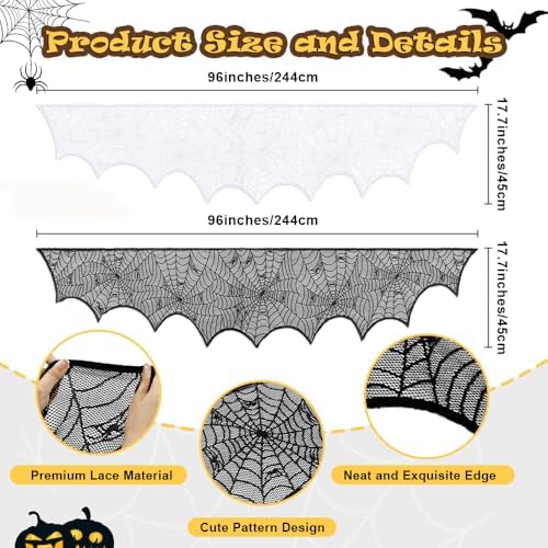Halloween Mantle Scarf 2 Pcs Lace Spiderweb Fireplace Mantel Scarf,Halloween Mantel Decor for Cloth Table Runner,Halloween Decorations Indoor Festive Party Supplies 96 x 18 Inch White and Black