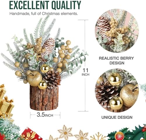 Hatisan Small Christmas Tree, Artificial Christmas Tree with Ornaments Pine Cone Berry, Tabletop Christmas Tree for Christmas Decorations Home Room Party Winter Indoor Outdoor(Gold-Round)