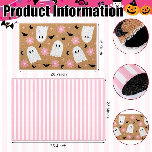 Tinideya 2 Pcs Halloween Pink Ghost Layered Doormat Set