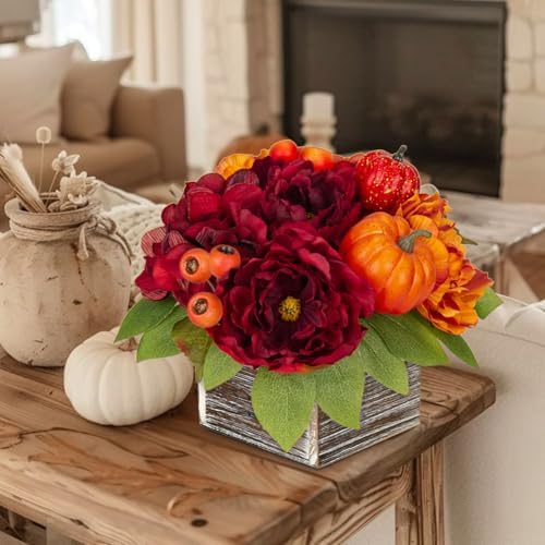 DILATATA Fall Decor Autumn Harvest Pumpkins Centerpiece - Artificial Peony Arrangement in Wooden Box for Thanksgiving Party Mantel Fall Decor