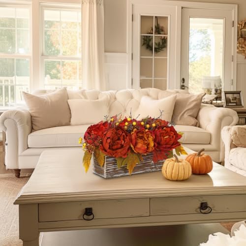 DILATATA Fall Decor Autumn Harvest Floral Centerpiece with Artificial Peony Maple Leaf and Berries Arrangement for Thanksgiving Party Mantel Fall Decor