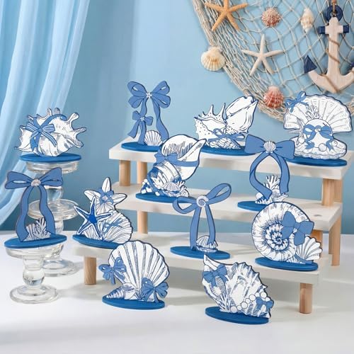 Wesiti 12 Pcs Blue Bow & Seashells Wooden Table Decor - Summer Party Decorations Ocean Coastal Centerpieces for Nautical Beach Birthday Party, Tiered Tray & Bachelorette Wedding Shower