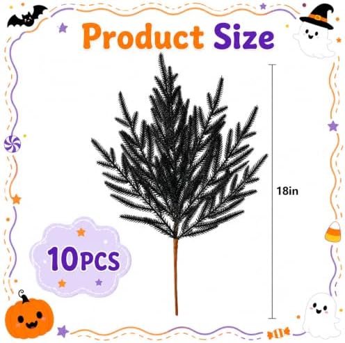 10 Pcs 18" Halloween Black Norfolk Pine Picks, Gothic Pine Branches Decor