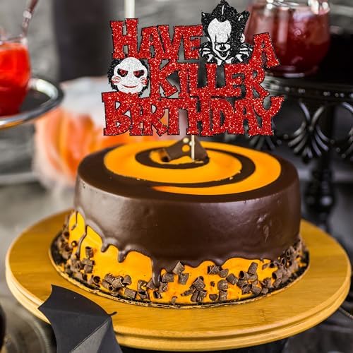 Gyufise 1Pcs Have a Killer Birthday Cake Topper Glitter Horror Classic Birthday Halloween Cake Pick for Bloody Horror Halloween Theme Party Cake Decorations Supplies